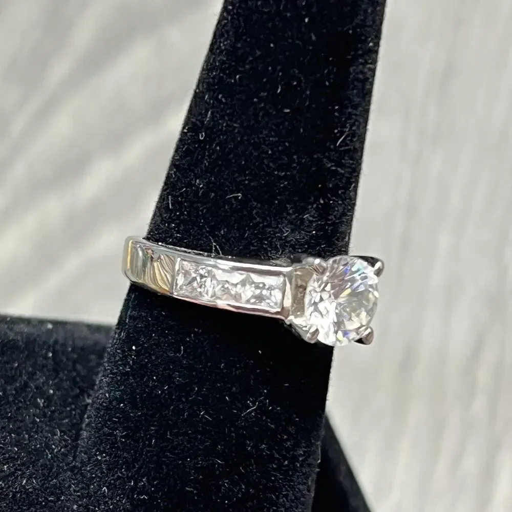 Silver Tone CZ Engagement Ring‎ Round Solitaire Channel Set Band Womens Wedding
